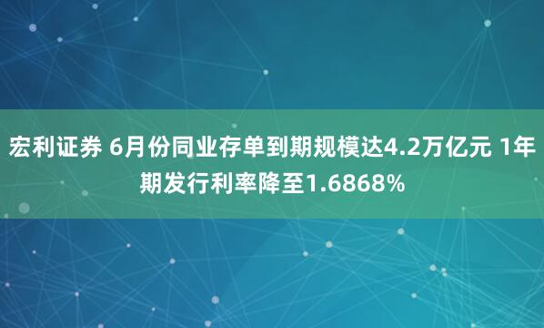宏利证券 6月份同业存单到期规模达4.2万亿元 1年期发行利率降至1.6868%